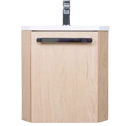 Homesight Meuble vasque d'angle compact suspendu effet chêne + plan vasque blanc en résine, Skino