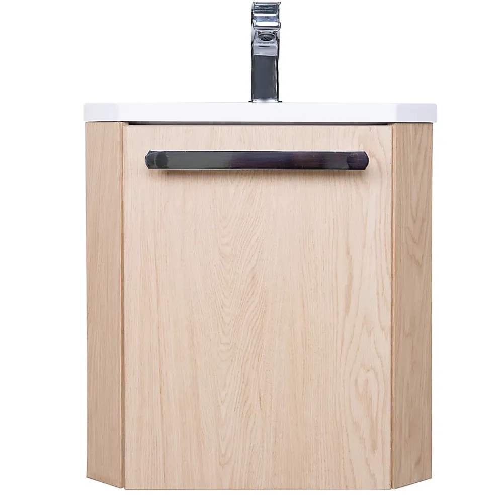 Homesight Meuble vasque d'angle compact suspendu effet chêne + plan vasque blanc en résine, Skino