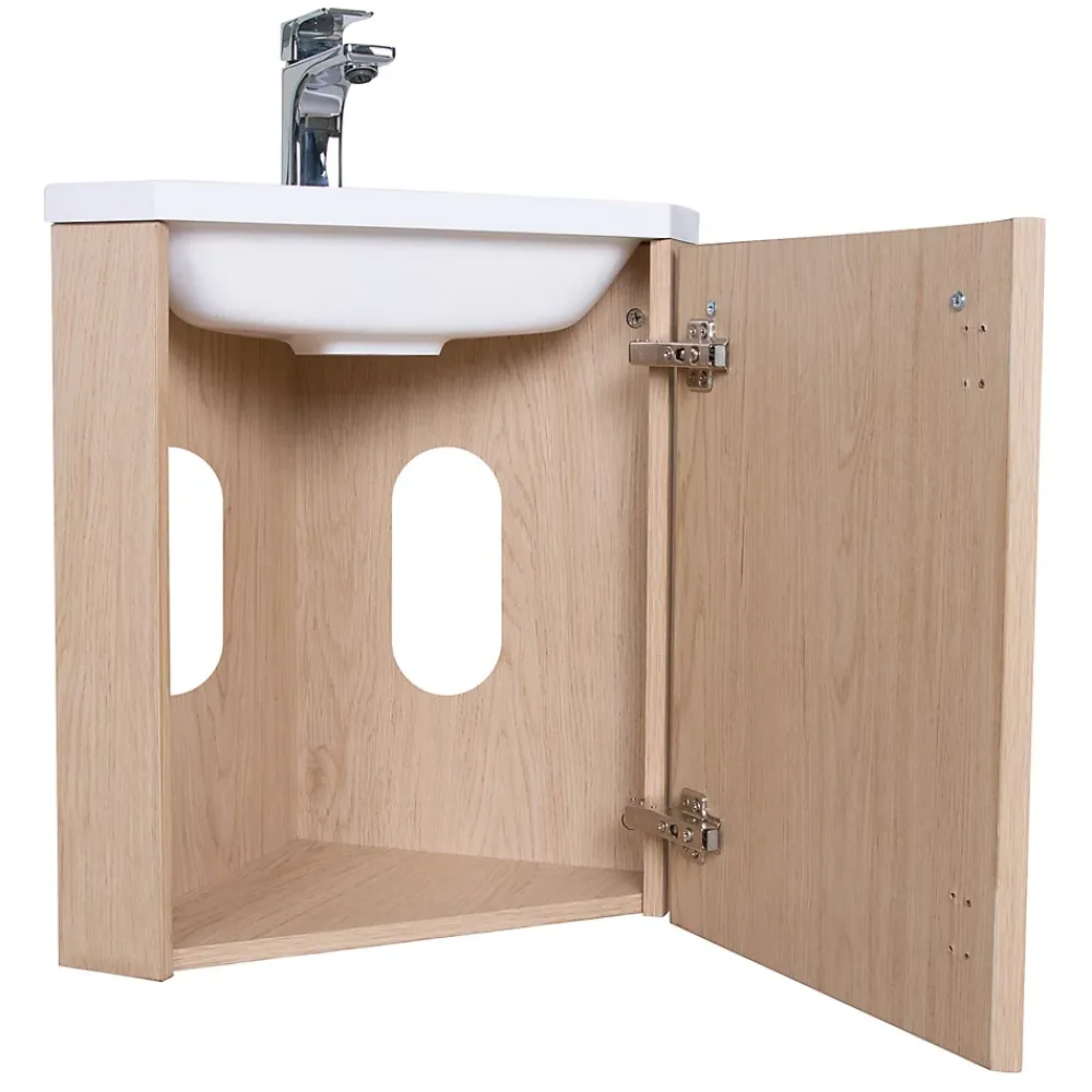 Homesight Meuble vasque d'angle compact suspendu effet chêne + plan vasque blanc en résine, Skino