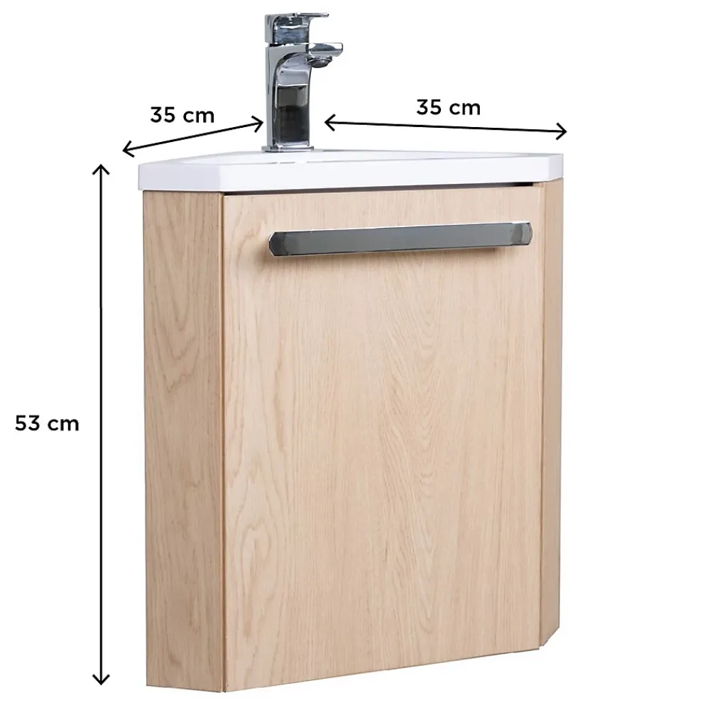 Homesight Meuble vasque d'angle compact suspendu effet chêne + plan vasque blanc en résine, Skino