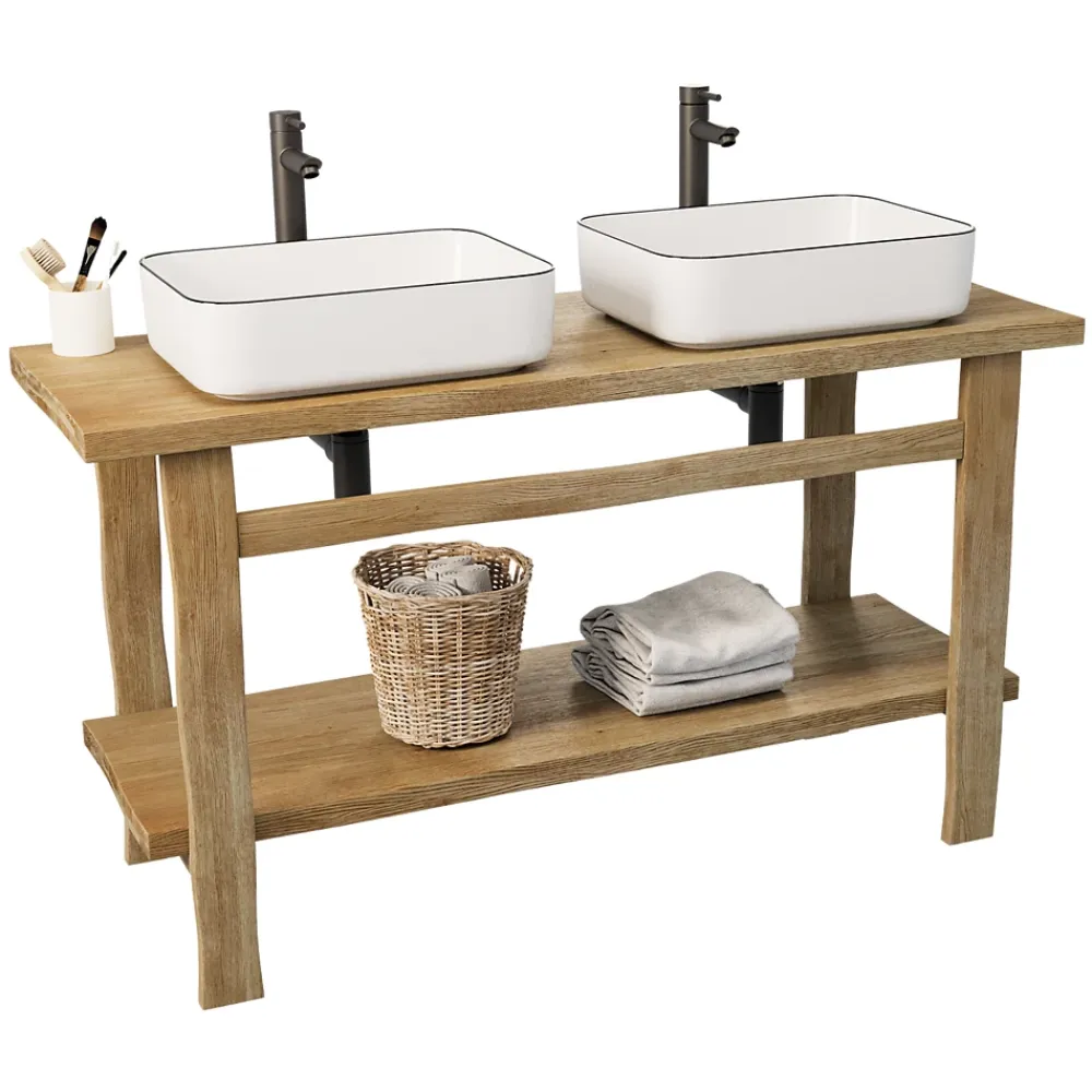 Homesight Meuble vasque en chêne massif vieilli l.140 x H.78 x P.50 cm, Taby