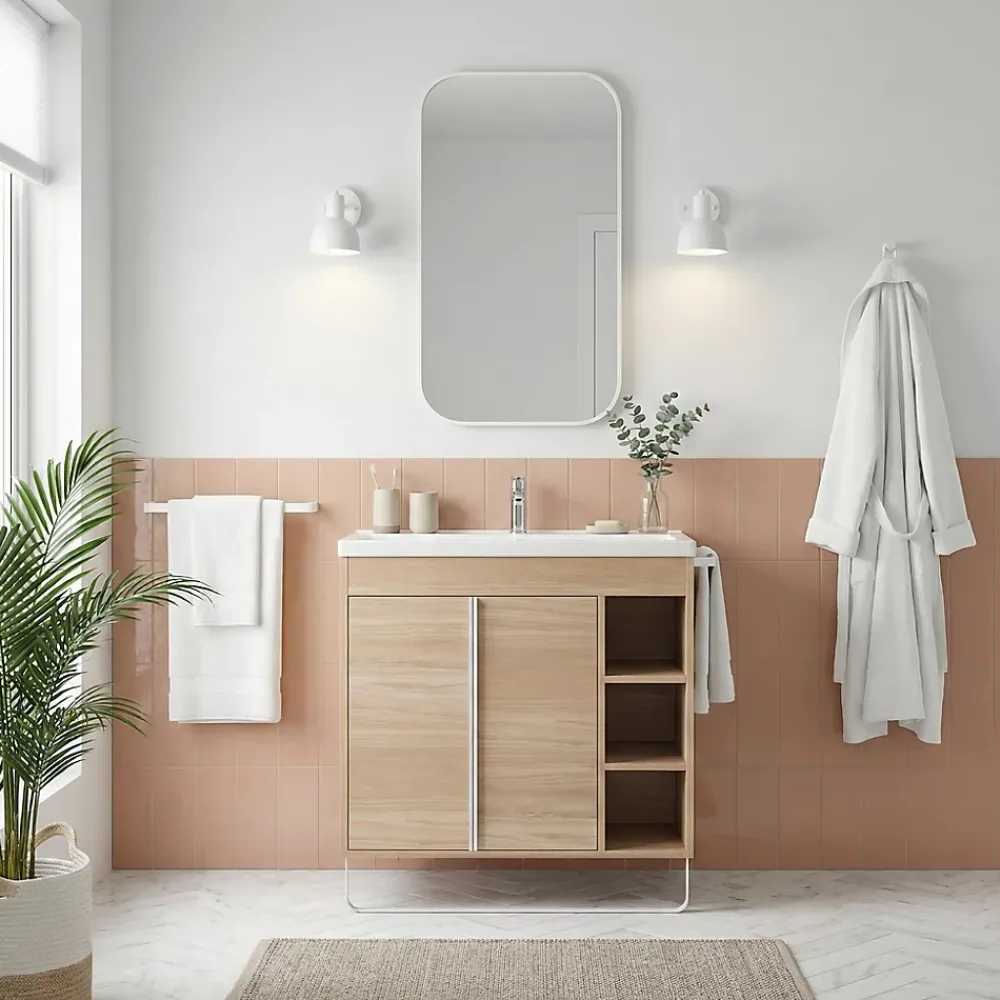 GoodHome Meuble vasque faible profondeur effet bois avec porte-serviette l.85 x H.82 x P.36 cm Maza + plan vasque céramique Nira,