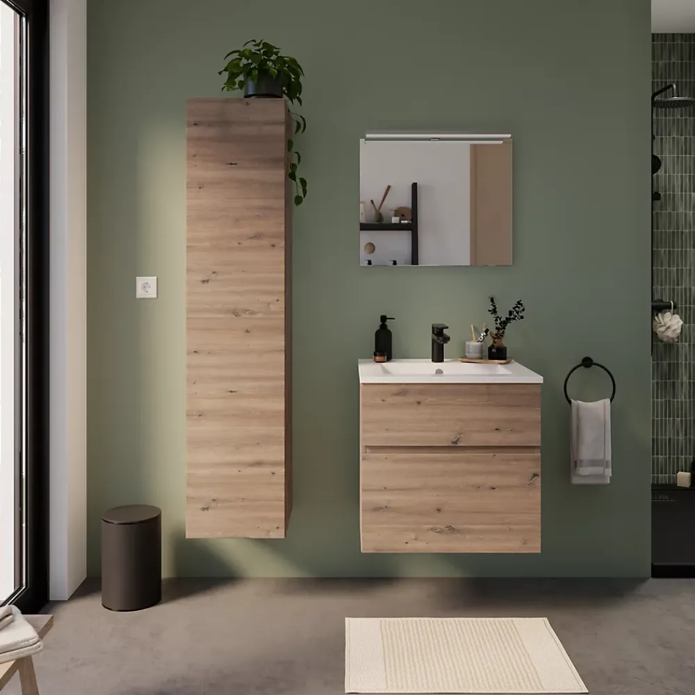 Meuble De Salle De Bains Faible Profondeur|Meuble Vasque|Cooke & Lewis Meuble vasque faible profondeur suspendu effet chêne artisan l.60 cm + plan vasque blanc en résine, Calao
