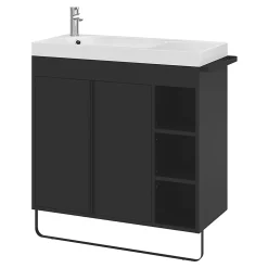 Meuble De Salle De Bains Faible Profondeur|Meuble Vasque|GoodHome Meuble vasque faible profondeur noir avec porte-serviettes l.85 x H.82 x P.36 cms + plan vasque blanc résine, Maza
