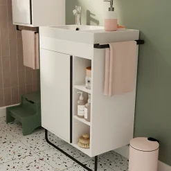 Meuble Vasque|Meuble De Salle De Bains Faible Profondeur|GoodHome Meuble vasque faible profondeur blanc avec porte-serviettes l.65 x H.82 x P.36 cm + plan vasque résine blanc, Maza