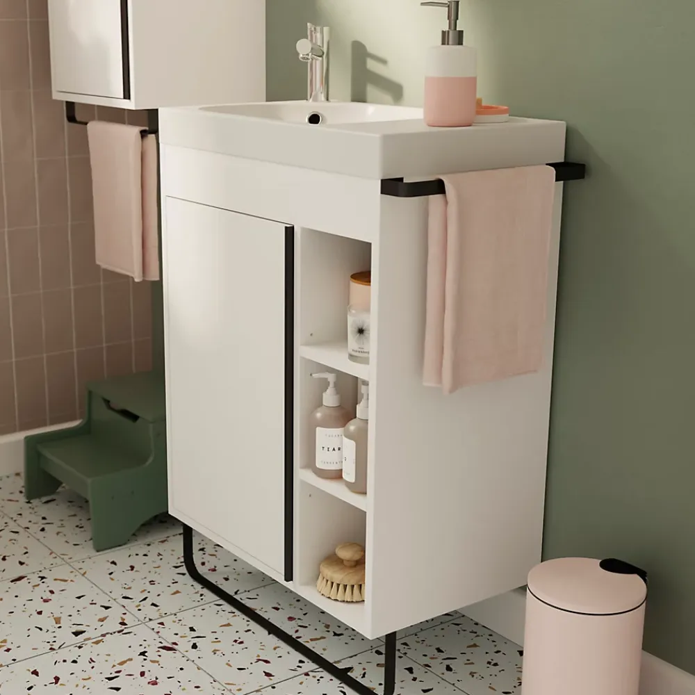 Meuble Vasque|Meuble De Salle De Bains Faible Profondeur|GoodHome Meuble vasque faible profondeur blanc avec porte-serviettes l.65 x H.82 x P.36 cm + plan vasque résine blanc, Maza