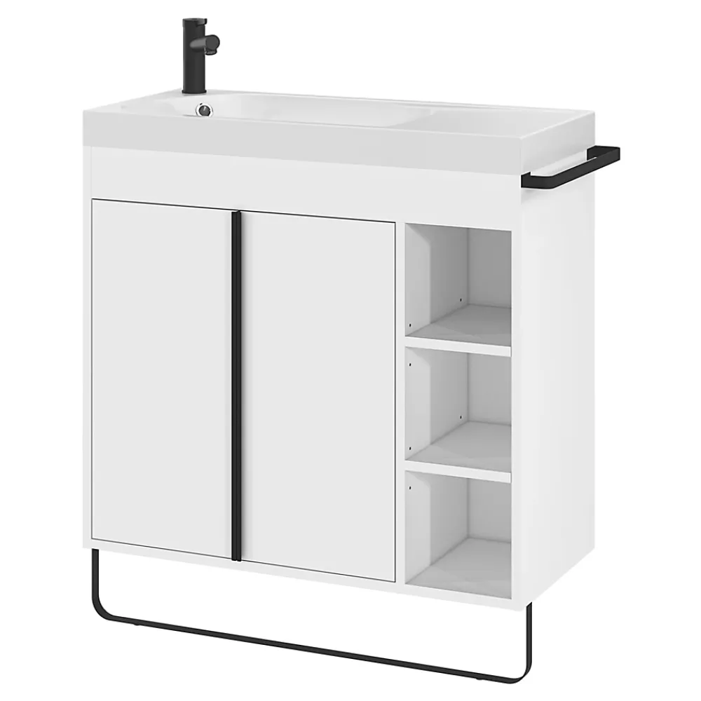 GoodHome Meuble vasque faible profondeur blanc avec porte-serviettes l.85 x H.82 x P.36 cm + plan vasque résine blanc, Maza
