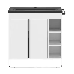 Meuble De Salle De Bains Faible Profondeur|GoodHome Meuble vasque faible profondeur blanc avec porte-serviettes l.85 x H.82 x P.36 cm Maza + plan vasque céramique noir Nira,