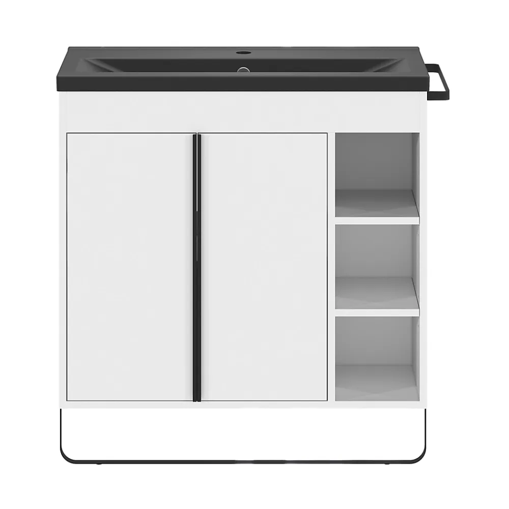 Meuble De Salle De Bains Faible Profondeur|GoodHome Meuble vasque faible profondeur blanc avec porte-serviettes l.85 x H.82 x P.36 cm Maza + plan vasque céramique noir Nira,