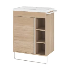 GoodHome Meuble vasque faible profondeur effet bois avec porte-serviettes l.65 x H.82 x P.36 cm + plan vasque céramique blanc Nira,