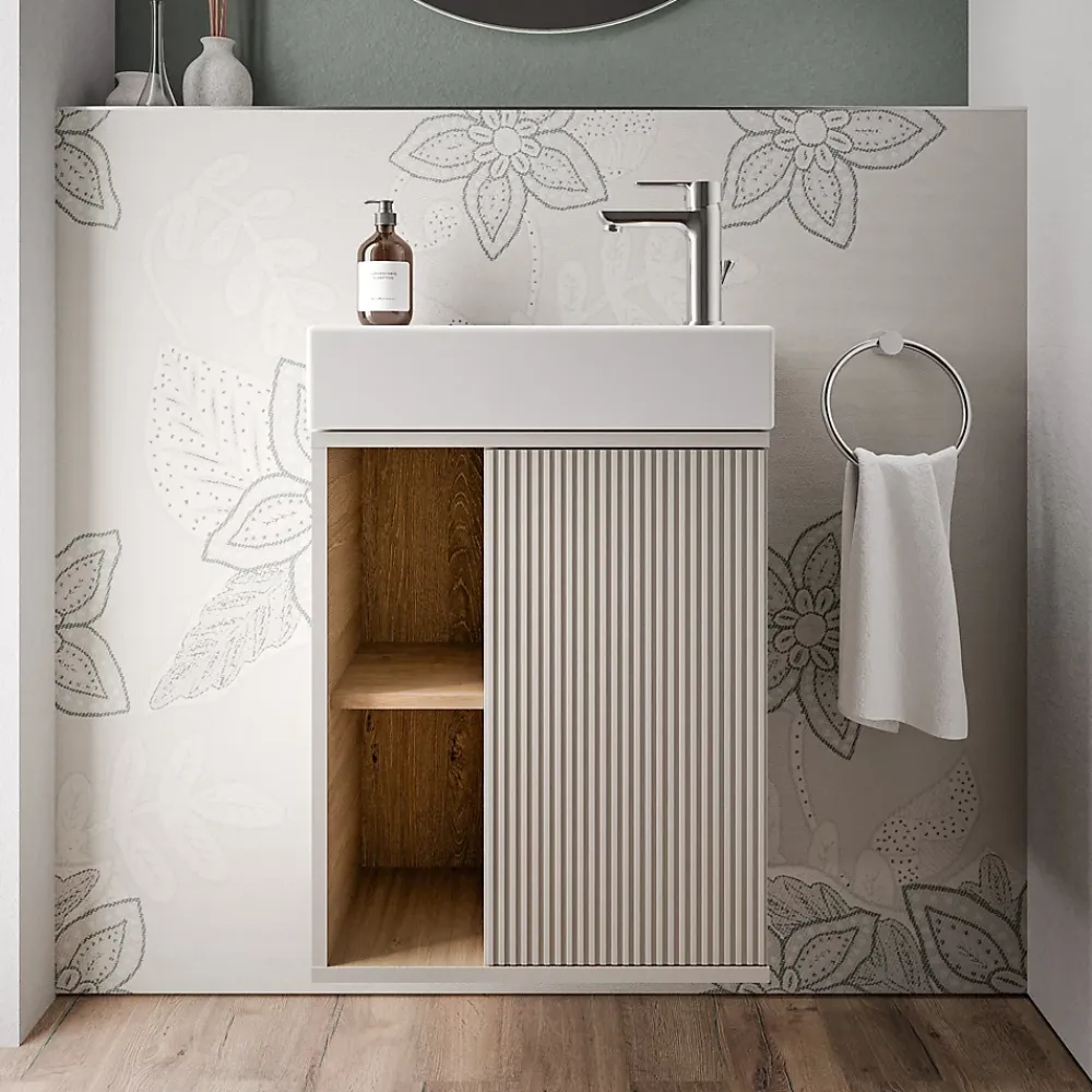 Lave-Mains|Bernstein Meuble vasque Gris soie de salle de bain 55x24x59cm (LxPxH) 1 porte à droite + 2 cases rangement - BELDIVO