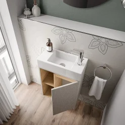 Lave-Mains|Bernstein Meuble vasque Gris soie de salle de bain 55x24x59cm (LxPxH) 1 porte à droite + 2 cases rangement - BELDIVO