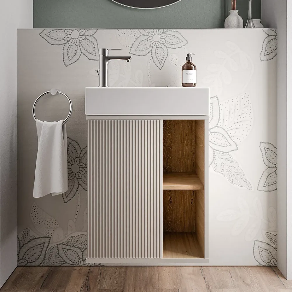 Bernstein Meuble vasque Gris soie de salle de bain 55x24x59cm (LxPxH) 1 porte à gauche + 2 cases rangement - BELDIVO