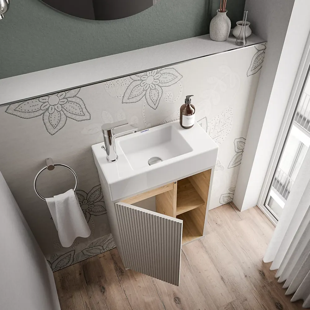 Bernstein Meuble vasque Gris soie de salle de bain 55x24x59cm (LxPxH) 1 porte à gauche + 2 cases rangement - BELDIVO