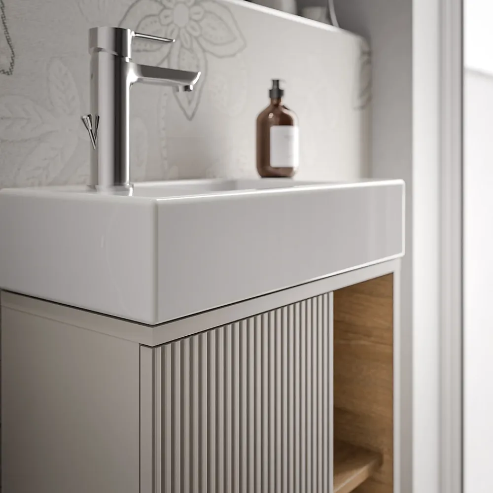 Bernstein Meuble vasque Gris soie de salle de bain 55x24x59cm (LxPxH) 1 porte à gauche + 2 cases rangement - BELDIVO