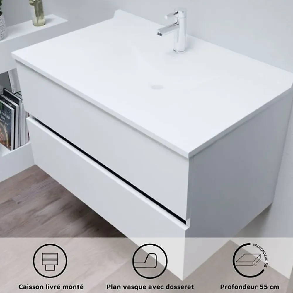 Meuble Vasque|Cuisibane Meuble vasque L 90cm P 55cm ROMY - Blanc brillant