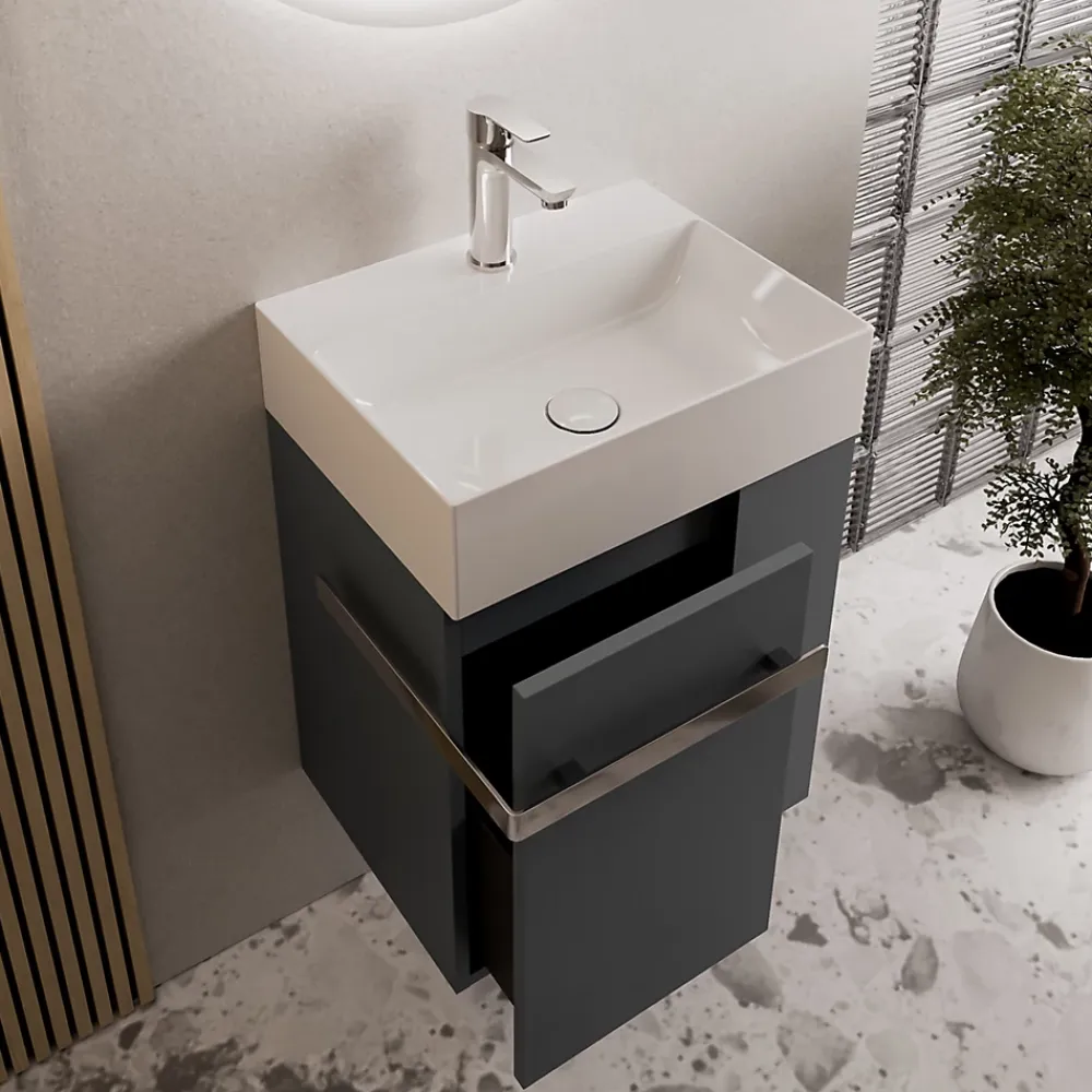 Lave-Mains|Bernstein Meuble vasque lave-main Anthracite mat 45x35x50cm (LxPxH) 1 tiroir + rangement droite + poignée Chrome - COMPACT450