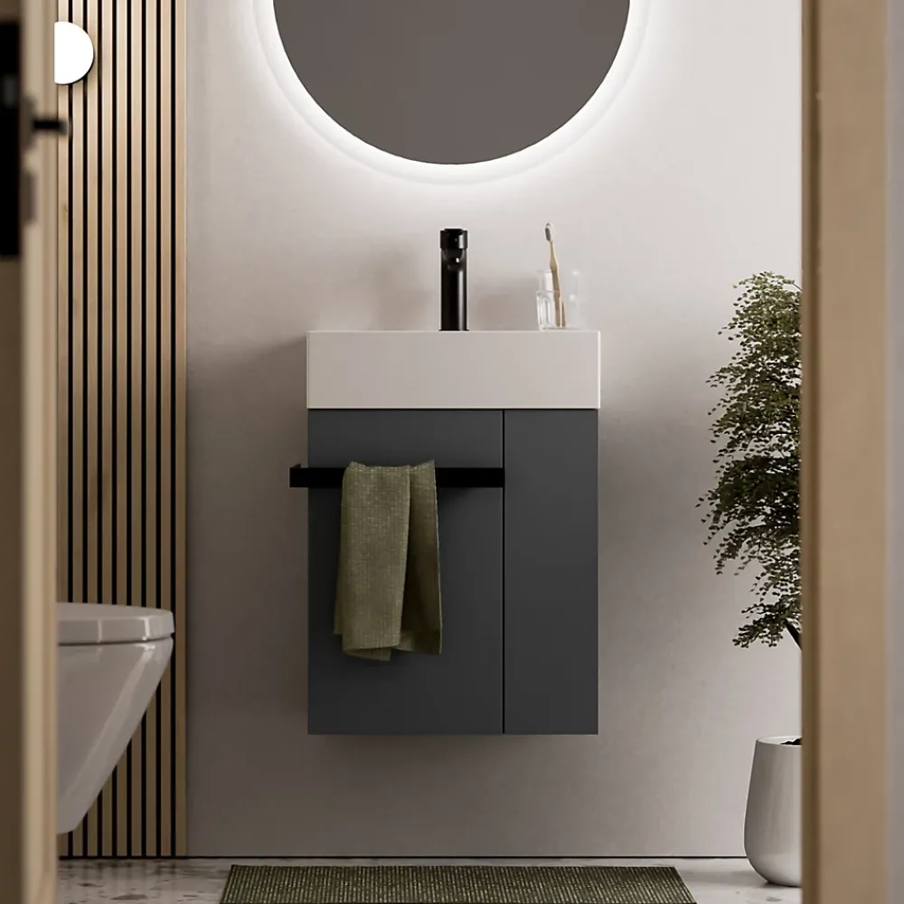 Lave-Mains|Bernstein Meuble vasque lave-main Anthracite mat 45x35x50cm (LxPxH) 1 tiroir + rangement droite + poignée Noir mat - COMPACT450
