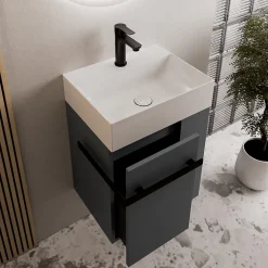 Lave-Mains|Bernstein Meuble vasque lave-main Anthracite mat 45x35x50cm (LxPxH) 1 tiroir + rangement droite + poignée Noir mat - COMPACT450
