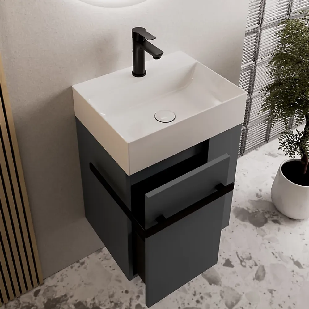 Lave-Mains|Bernstein Meuble vasque lave-main Anthracite mat 45x35x50cm (LxPxH) 1 tiroir + rangement droite + poignée Noir mat - COMPACT450