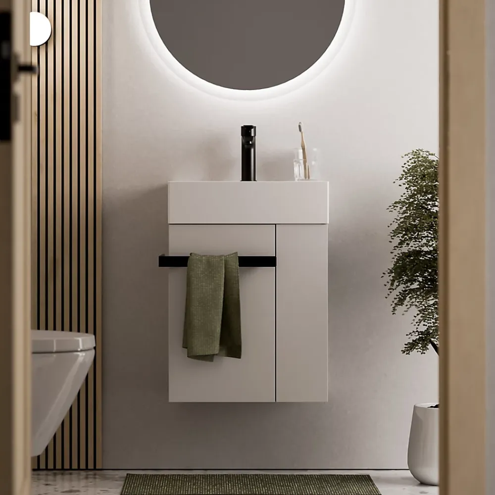 Bernstein Meuble vasque lave-main Blanc mat 45x35x50cm (LxPxH) 1 tiroir + rangement droite + poignée Noir mat - COMPACT450