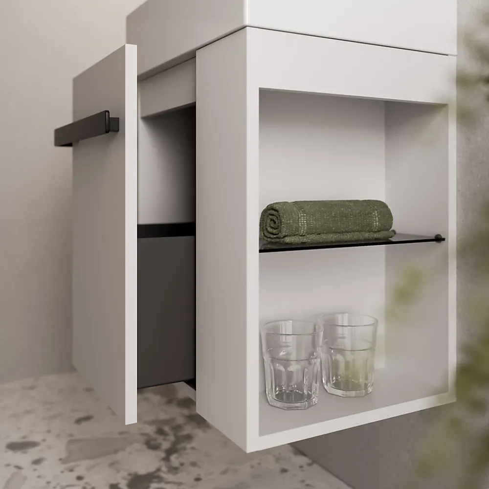 Bernstein Meuble vasque lave-main Blanc mat 45x35x50cm (LxPxH) 1 tiroir + rangement droite + poignée Noir mat - COMPACT450