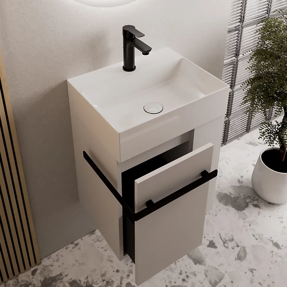 Bernstein Meuble vasque lave-main Blanc mat 45x35x50cm (LxPxH) 1 tiroir + rangement droite + poignée Noir mat - COMPACT450