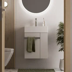 Bernstein Meuble vasque lave-main Blanc mat 45x35x50cm (LxPxH) 1 tiroir + rangement droite + poignée Chrome - COMPACT450