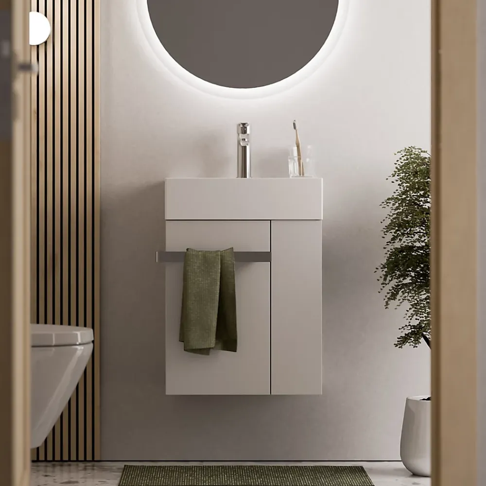 Bernstein Meuble vasque lave-main Blanc mat 45x35x50cm (LxPxH) 1 tiroir + rangement droite + poignée Chrome - COMPACT450
