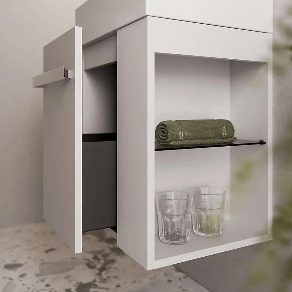 Bernstein Meuble vasque lave-main Blanc mat 45x35x50cm (LxPxH) 1 tiroir + rangement droite + poignée Chrome - COMPACT450