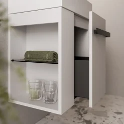 Bernstein Meuble vasque lave-main Blanc mat 45x35x50cm (LxPxH) 1 tiroir + rangement gauche + poignée Noir mat - COMPACT450