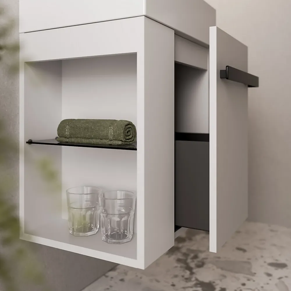 Bernstein Meuble vasque lave-main Blanc mat 45x35x50cm (LxPxH) 1 tiroir + rangement gauche + poignée Noir mat - COMPACT450