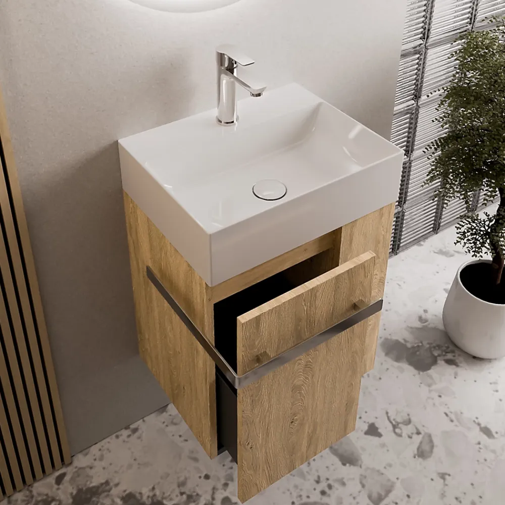 Bernstein Meuble vasque lave-main Chêne miel 45x35x50cm (LxPxH) 1 tiroir + rangement droite + poignée Chrome - COMPACT450