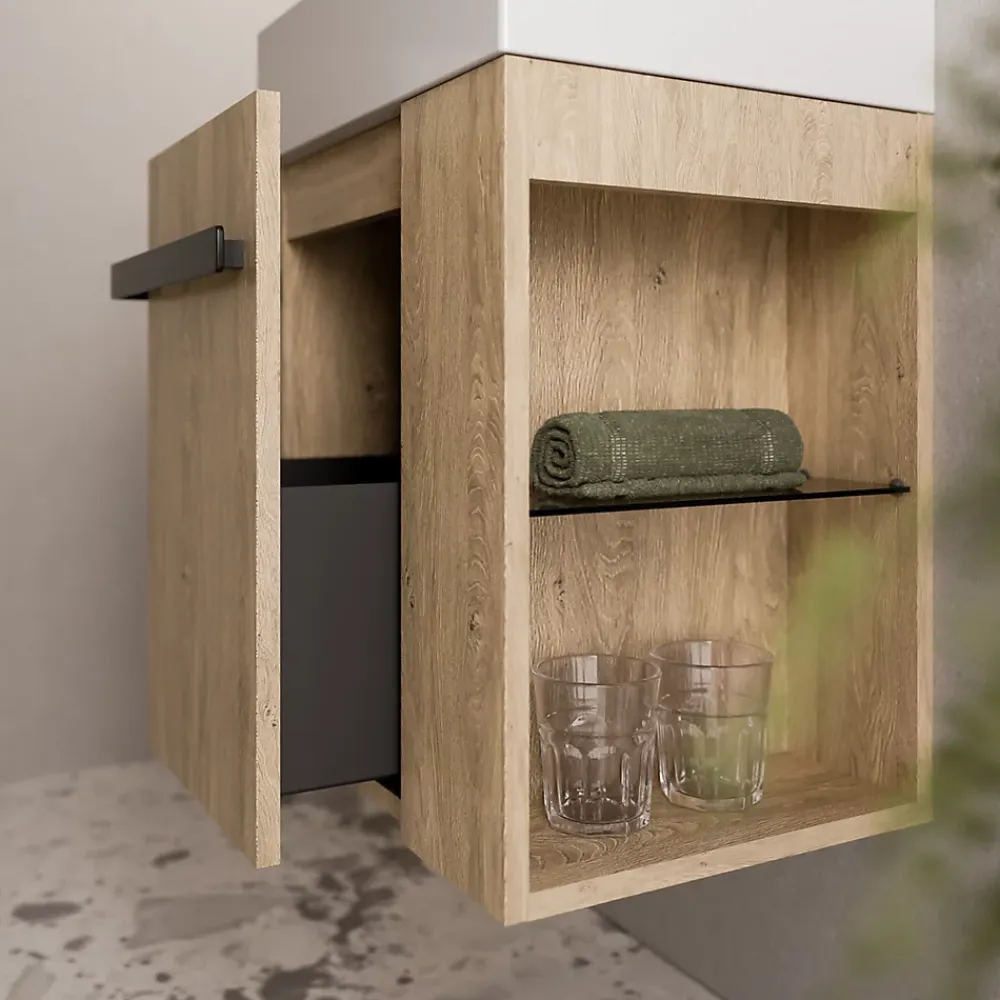 Lave-Mains|Bernstein Meuble vasque lave-main Chêne miel 45x35x50cm (LxPxH) 1 tiroir + rangement droite + poignée Noir mat - COMPACT450