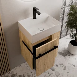 Lave-Mains|Bernstein Meuble vasque lave-main Chêne miel 45x35x50cm (LxPxH) 1 tiroir + rangement droite + poignée Noir mat - COMPACT450
