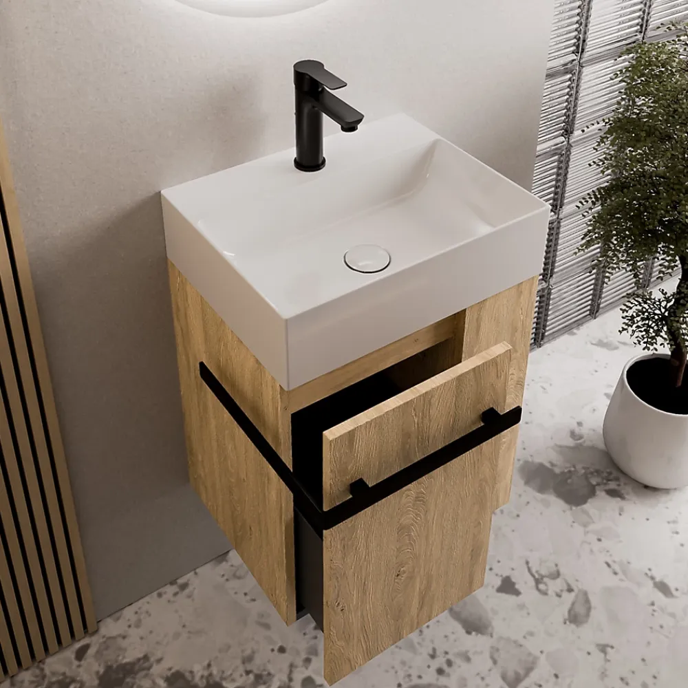 Lave-Mains|Bernstein Meuble vasque lave-main Chêne miel 45x35x50cm (LxPxH) 1 tiroir + rangement droite + poignée Noir mat - COMPACT450