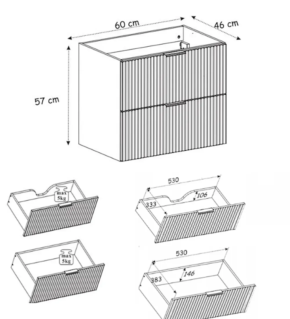3xE Living Meuble vasque, Noir Mat, 60 x 57 x 46 cm, poignée dorée + Plan de travail
