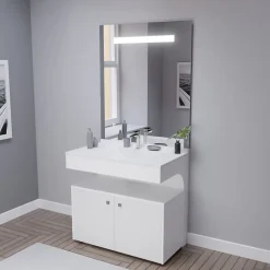 Ensemble Meuble De Salle De Bains|Cuisibane Meuble vasque PMR EPURE 90 cm avec miroir led Elégance et caisson roulant - Blanc brillant