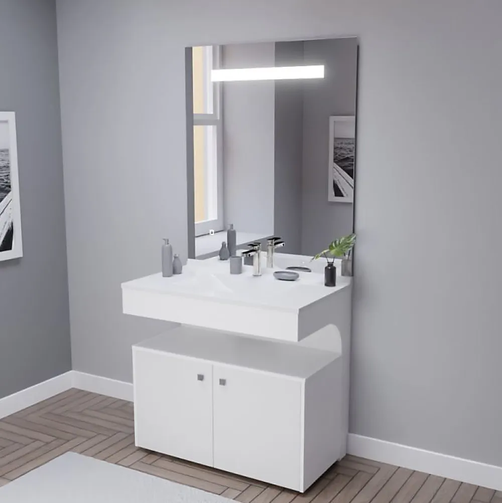 Ensemble Meuble De Salle De Bains|Cuisibane Meuble vasque PMR EPURE 90 cm avec miroir led Elégance et caisson roulant - Blanc brillant