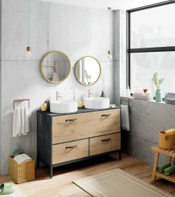 Meuble Sous-Vasque|Pegane Meuble vasque pour salle de bain coloris imitation marbre, chêne - Longueur 120 x Profondeur 50 x hauteur 80 cm
