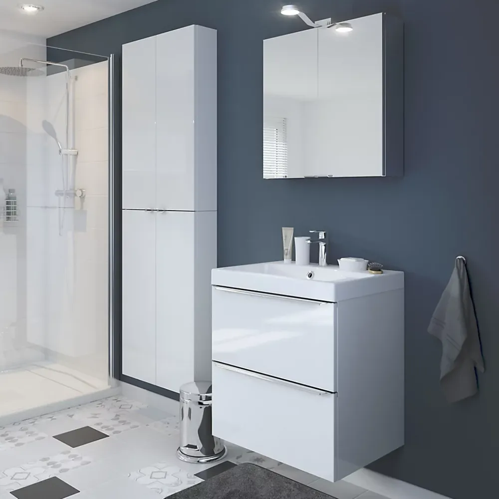 Meuble Vasque|Cooke & Lewis Meuble vasque suspendu blanc brillant l.60 cm Imandra + plan vasque blanc céramique Nira, GoodHome