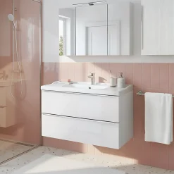 GoodHome Meuble vasque suspendu blanc brillant l.100 cm Imandra + plan vasque blanc céramique Lana,