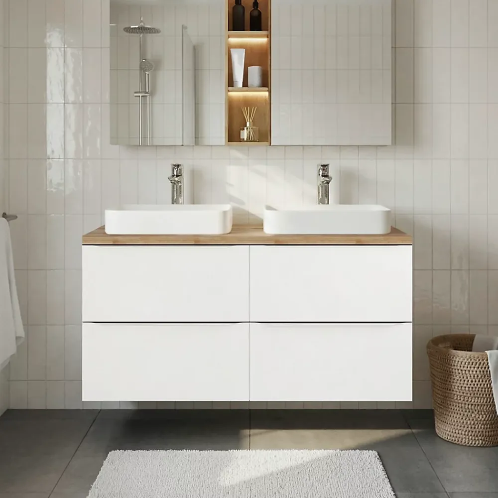 Meuble Buanderie|Meuble Vasque|GoodHome Meuble vasque suspendu blanc brillant l.120 cm Imandra + plan de toilette chêne massif Hartland,