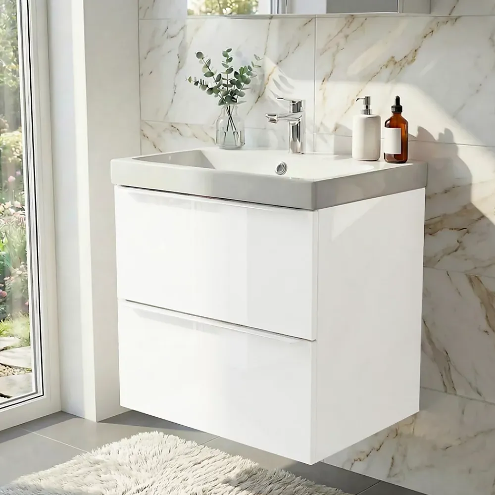 GoodHome Meuble vasque suspendu blanc brillant l.60 cm Imandra + plan vasque blanc résine Mila,