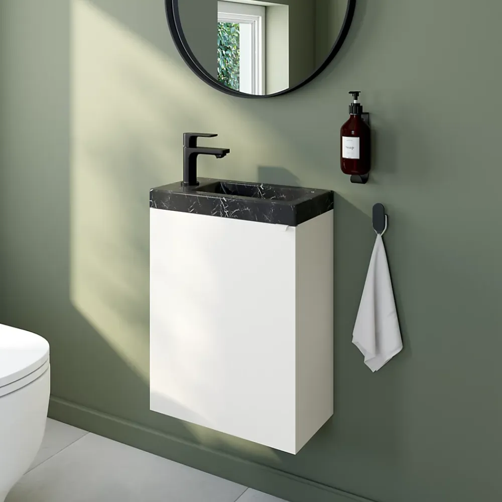 Lave-Mains|Homesight Meuble vasque suspendu blanc mat l.44 cm Imandra + plan vasque effet marbre noir, GoodHome