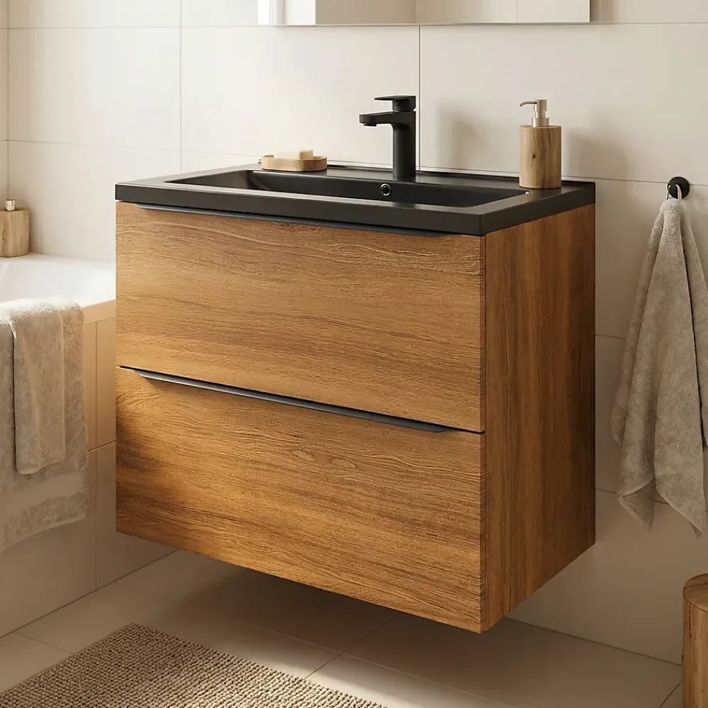 Meuble Vasque|GoodHome Meuble vasque suspendu effet noyer l.80 cm Imandra + plan vasque noir céramique, Nira
