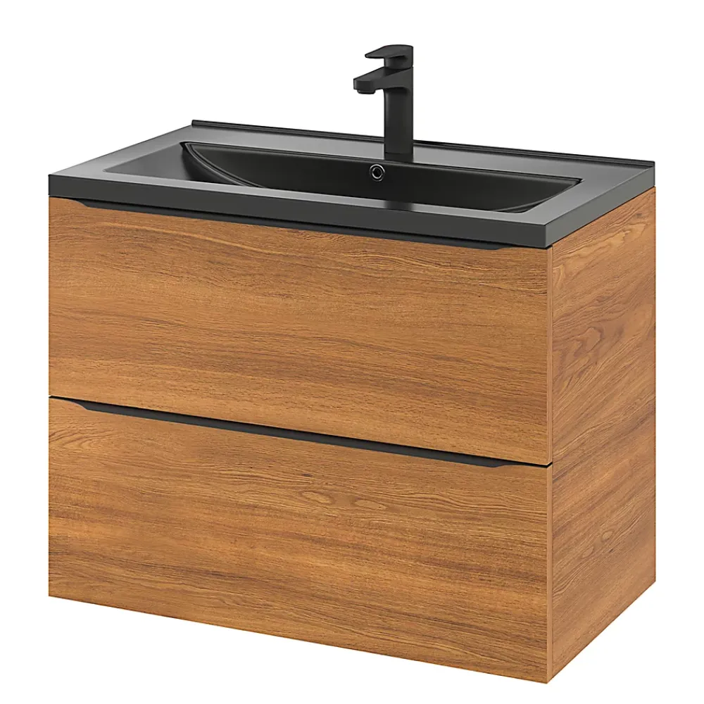 Meuble Vasque|GoodHome Meuble vasque suspendu effet noyer l.80 cm Imandra + plan vasque noir céramique, Nira