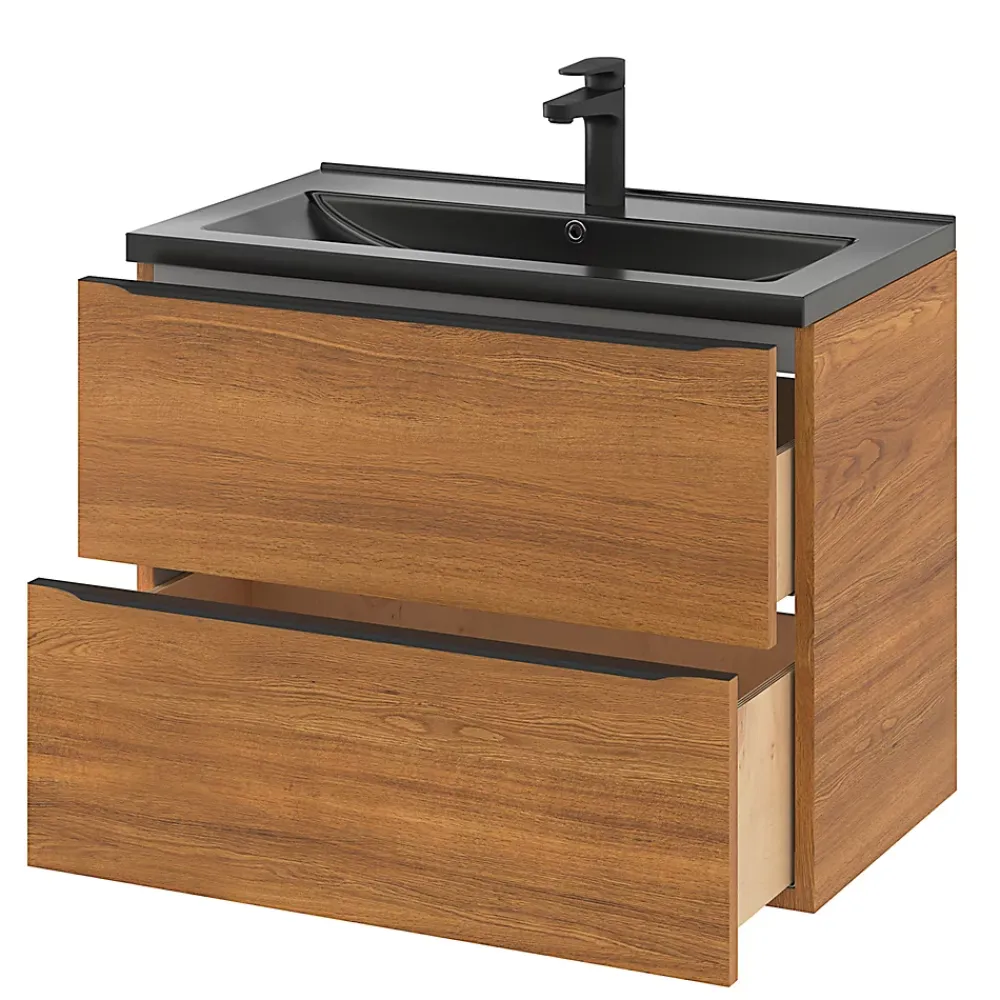 Meuble Vasque|GoodHome Meuble vasque suspendu effet noyer l.80 cm Imandra + plan vasque noir céramique, Nira