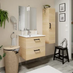 GoodHome Meuble vasque suspendu effet chêne l.60 cm + plan vasque blanc en céramique, Opah