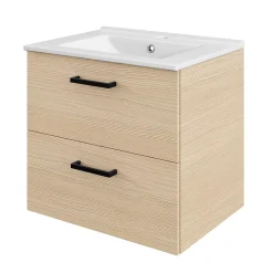 GoodHome Meuble vasque suspendu effet chêne l.60 cm + plan vasque blanc en céramique, Opah